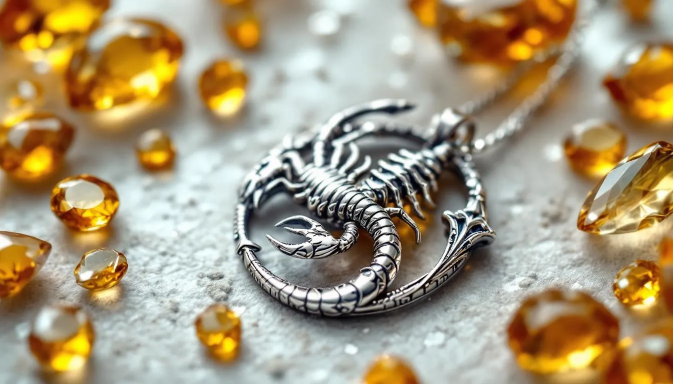 The image features a stunning jewellery collection showcasing November birthstone jewellery, including a beautiful birthstone necklace and earrings made from blue topaz and citrine, displaying charming yellow and orange hues. Perfect as a gift for November babies, the pieces are elegantly crafted in sterling silver, symbolizing the zodiac signs Scorpio and Sagittarius.