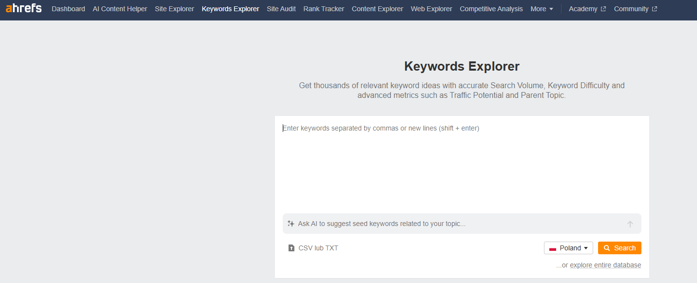 Panel narzędzia Ahrefs do wyszukiwania słów kluczowych