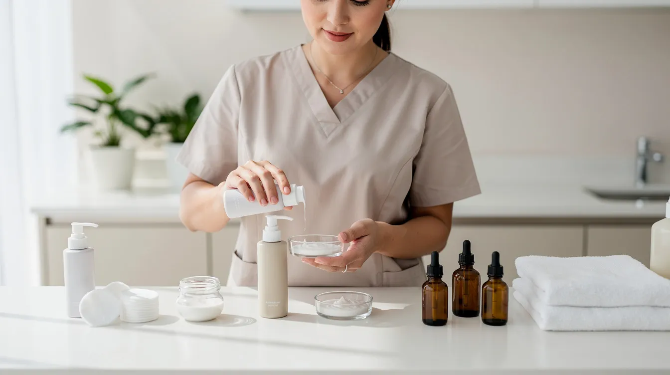 An aesthetic provider is seen preparing gentle skincare products designed for aftercare, focusing on non-invasive solutions for patients seeking to rejuvenate their skin. The scene highlights the importance of personalized treatment plans to address issues like sagging skin and uneven skin tone, ensuring a youthful glow with minimal downtime.