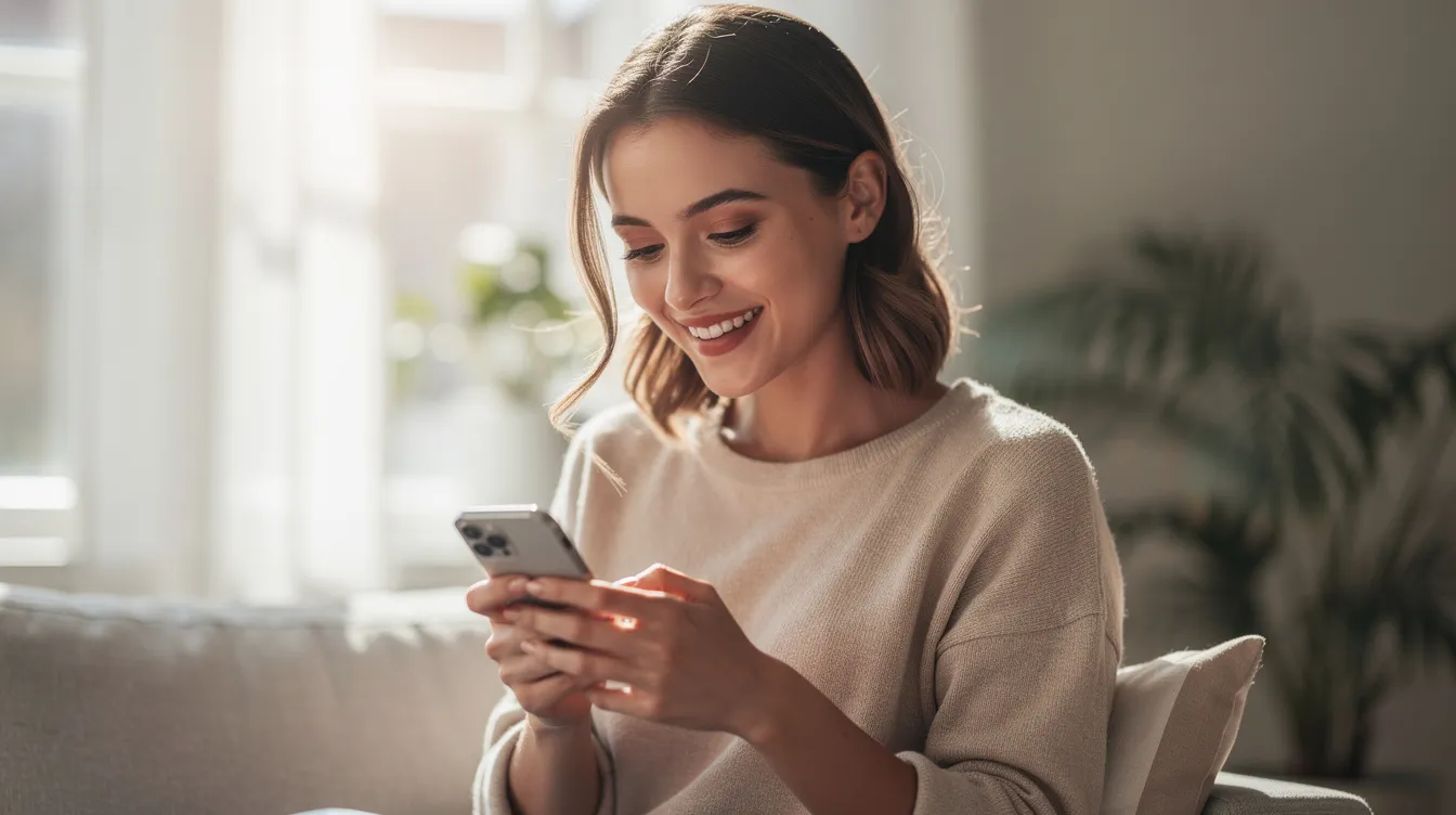 A woman is smiling and looking at her phone in natural lighting, radiating a sense of joy and self-awareness as she engages with her online dating profile. This image captures the essence of modern dating, where finding the right person can be both fun and meaningful.