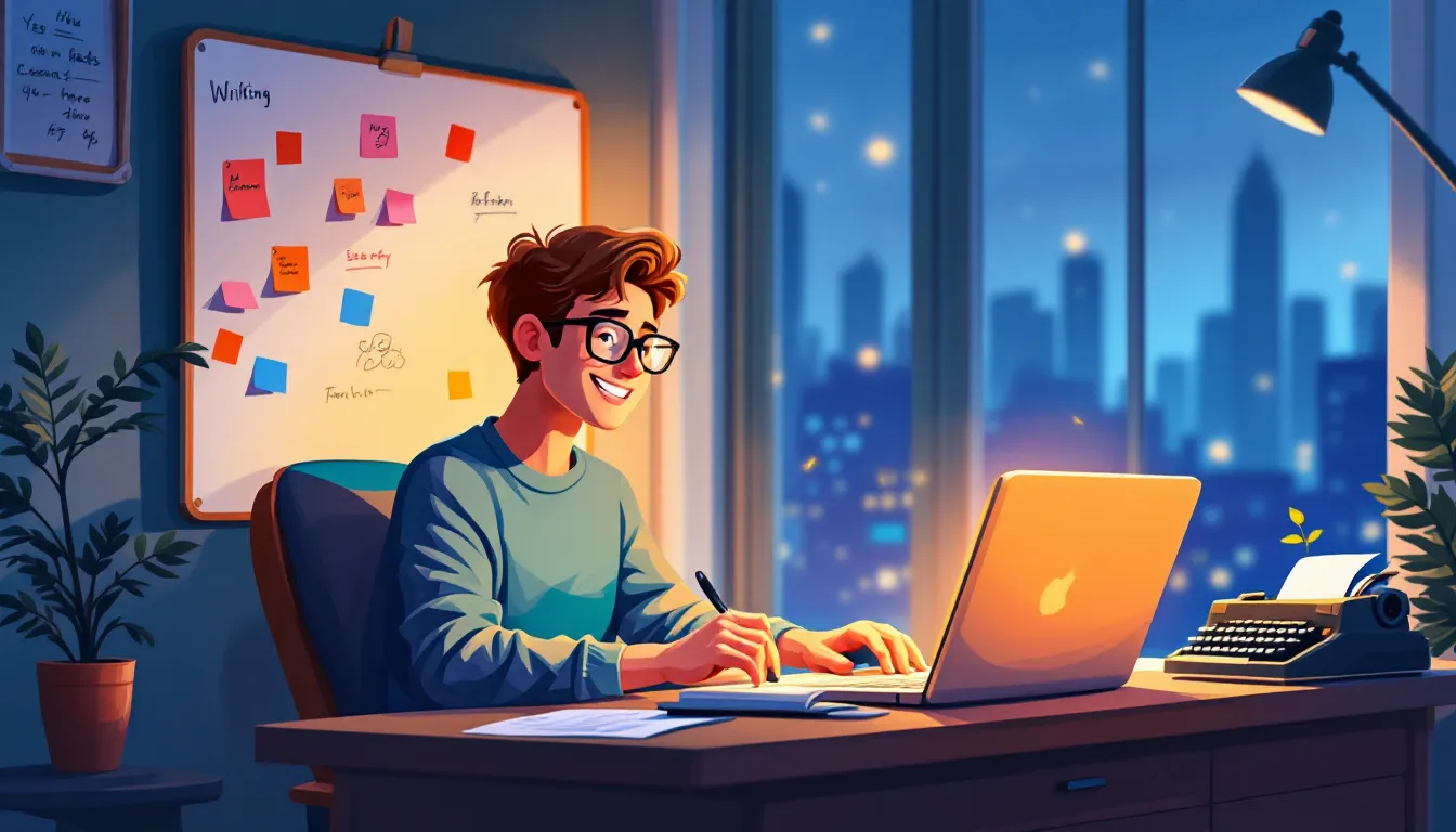 A writer working on a laptop in a cozy environment, representing content writing as a steady income stream.