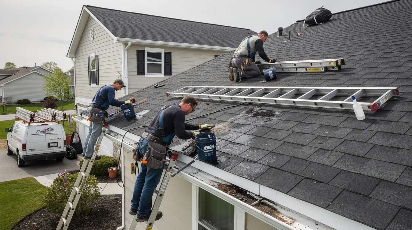 The image depicts a professional team from Top Gen Roofing engaged in gutter cleaning services, ensuring clean gutters and downspouts to prevent water damage from heavy storms in the Saratoga Springs area. Tools and equipment are visible, highlighting their expertise in maintaining seamless gutters and protecting homes from debris and overflow.