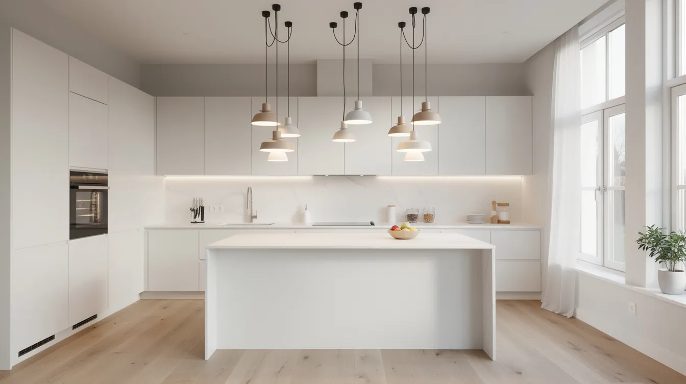 En grupp trendiga små taklampor hänger i kluster över en köksö, vilket skapar en modern och stilren belysning som ger rummet en varm atmosfär. Lamporna varierar i färg och design, vilket ger en intressant visuell effekt och fungerar som en bra ljuskälla för köket.