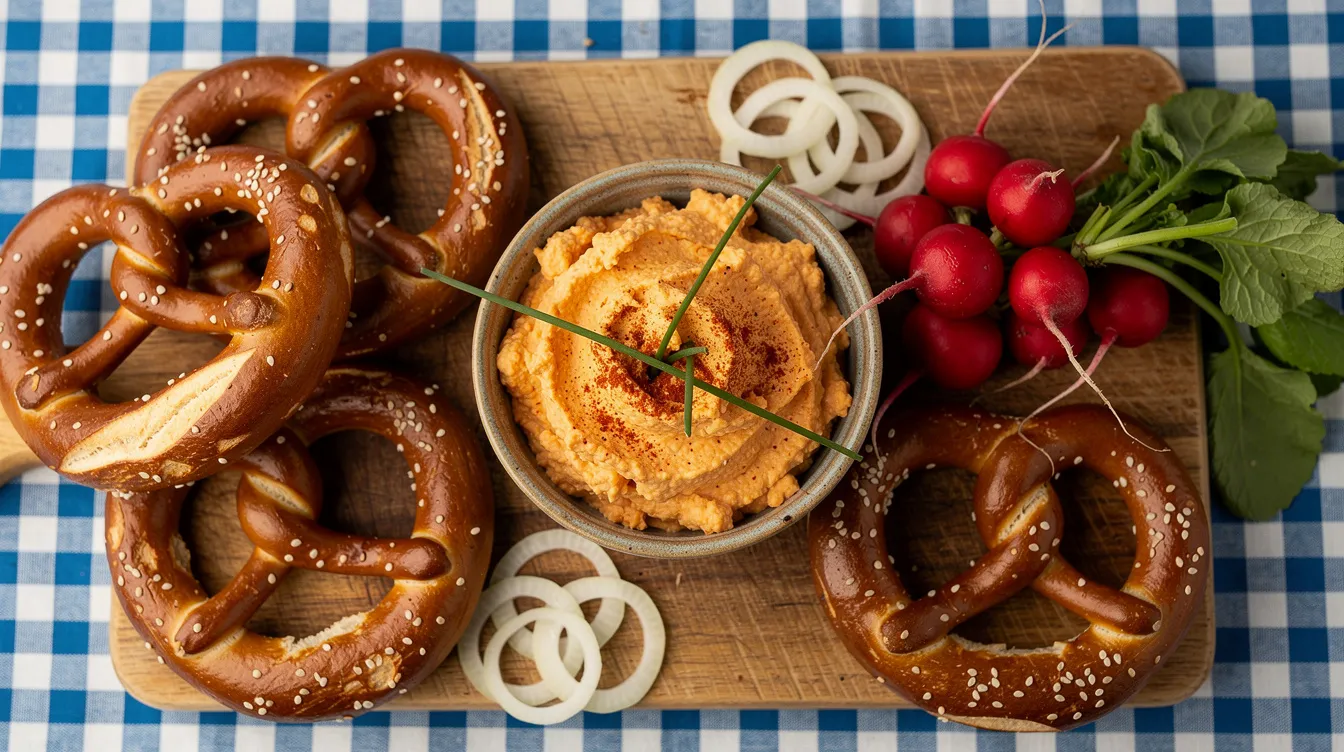 Auf der rustikalen Holzplatte steht eine Schale mit cremigem Obatzda, umgeben von frischen Brezen, Radieschen und Zwiebelringen, alles auf einem karierten bayerischen Tischtuch angerichtet. Der Obatzda, ein klassischer bayerischer Brotaufstrich, wird durch die Garnitur von Zwiebeln und Radieschen ergänzt und lädt zu einer gemütlichen Brotzeit ein.