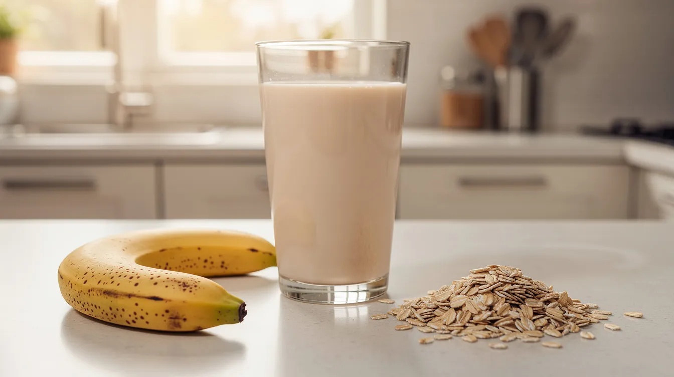 Ein Glas mit einem cremigen Proteinshake steht neben einer reifen Banane und einer Schüssel Haferflocken auf einer Küchenarbeitsplatte. Diese Kombination aus Lebensmitteln ist ideal für eine ausgewogene Ernährung und unterstützt den Muskelaufbau nach dem Training.