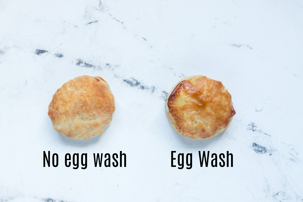 two pastries side by side, one with an egg wash and one without an egg wash