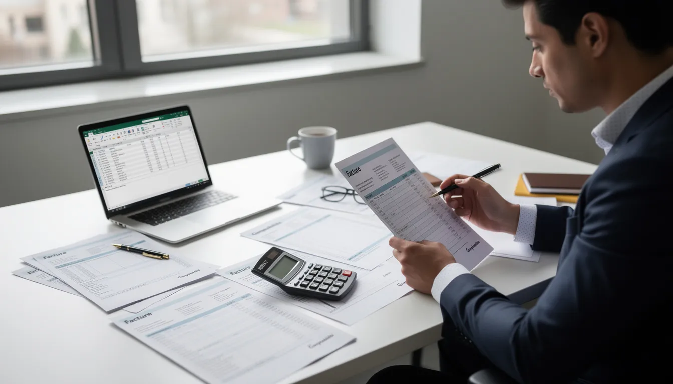 Une personne est assise à un bureau, examinant attentivement des documents comptables et des factures, illustrant le processus de recouvrement de créances. On peut apercevoir des feuilles de calcul et des notes, témoignant des démarches liées aux impayés et à la gestion des créances.