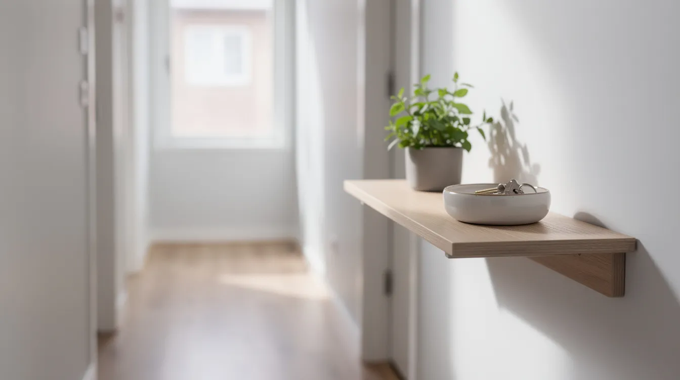 Ett smalt vägghängt konsolbord i en ljus och trång korridor, prytt med en nyckelskål och en liten växt. Bordet erbjuder en praktisk förvaringslösning för småsaker och passar perfekt i hallen.