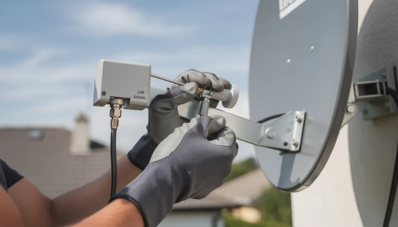 The image illustrates a person adjusting a satellite dish, focusing on the quad LNB to improve the DSTV signal. Various tools, including a signal meter, are visible to assist in achieving the best signal strength and proper alignment for optimal reception.