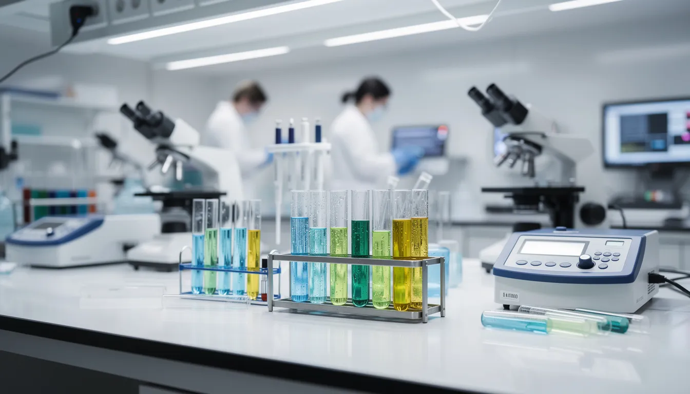 The image depicts a laboratory setting filled with various scientific research equipment, including test tubes and beakers, indicative of ongoing clinical research in the field of longevity science. This environment is focused on studying healthy aging and developing the best longevity supplements to support metabolic health and cellular energy production.