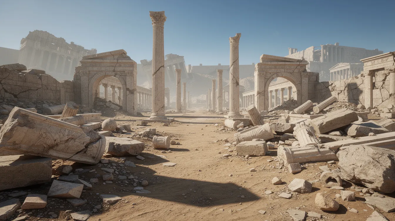 The image depicts ancient stone ruins of a destroyed city, featuring scattered columns and rubble, all under a clear blue sky. This scene evokes the historical context of the Roman occupation and the significant events surrounding the Jewish revolts, including the Great Jewish Revolt and the destruction of the Second Temple in Jerusalem.