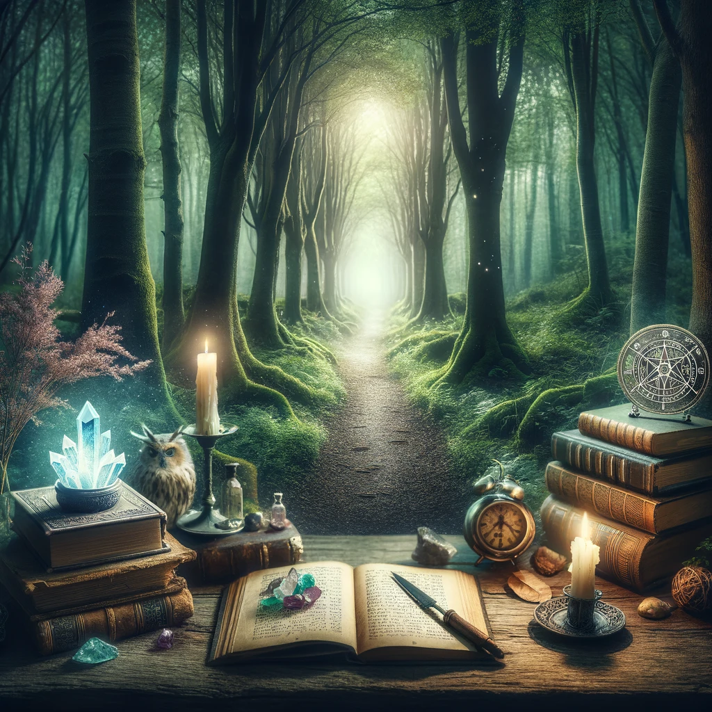 mystical forest with books, a glowing crystal, and a lit candle