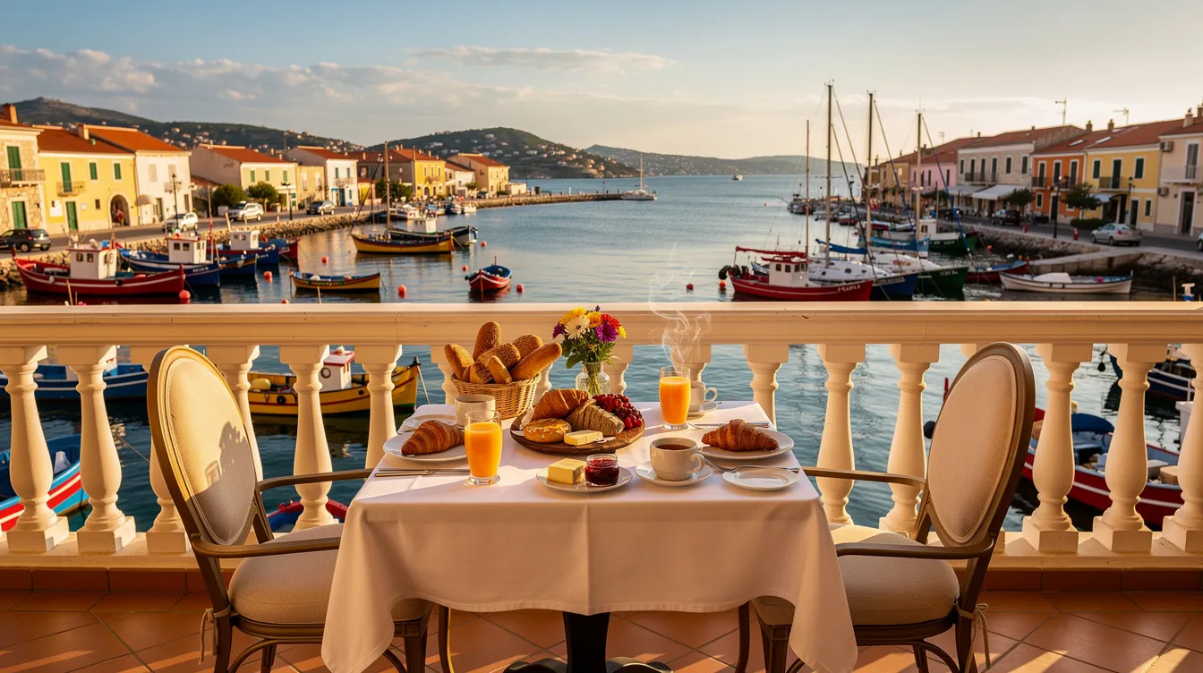 A imagem mostra uma varanda de hotel com uma mesa de café da manhã, oferecendo uma bela vista panorâmica de um porto mediterrâneo na Croácia, onde barcos coloridos flutuam nas águas do mar Adriático. Ao fundo, é possível ver a cidade antiga, com suas construções históricas que refletem a rica cultura da região.
