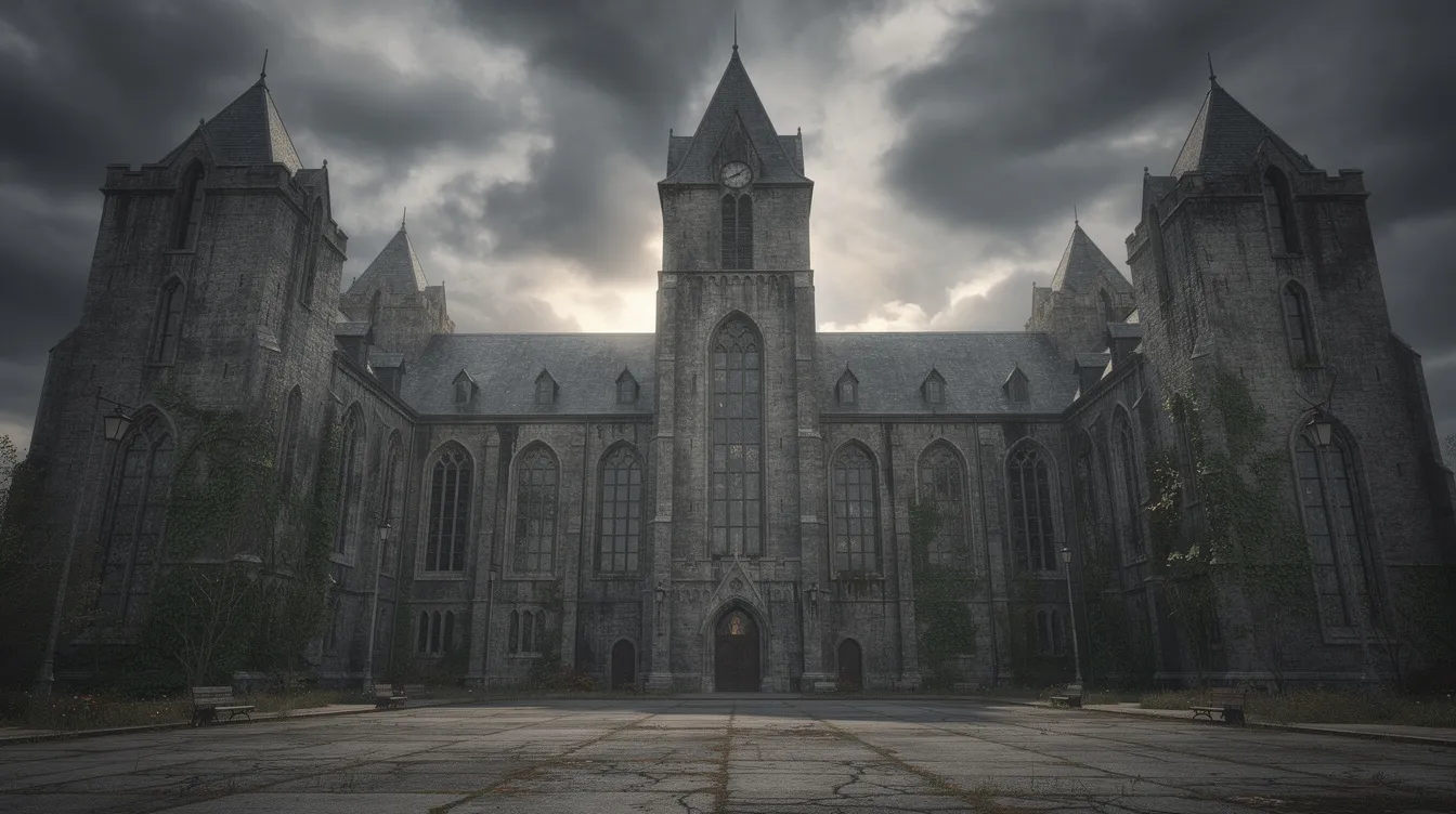 Das Bild zeigt ein großes, gotisches Reformatory-Gebäude mit hohen Türmen und Fenstern, das unter einem dramatischen Wolkenhimmel steht. Diese Szenerie erinnert an das Shawshank-Gefängnis aus dem Film "Die Verurteilten" (The Shawshank Redemption), in dem die Themen Hoffnung und Freundschaft zentrale Rollen spielen.