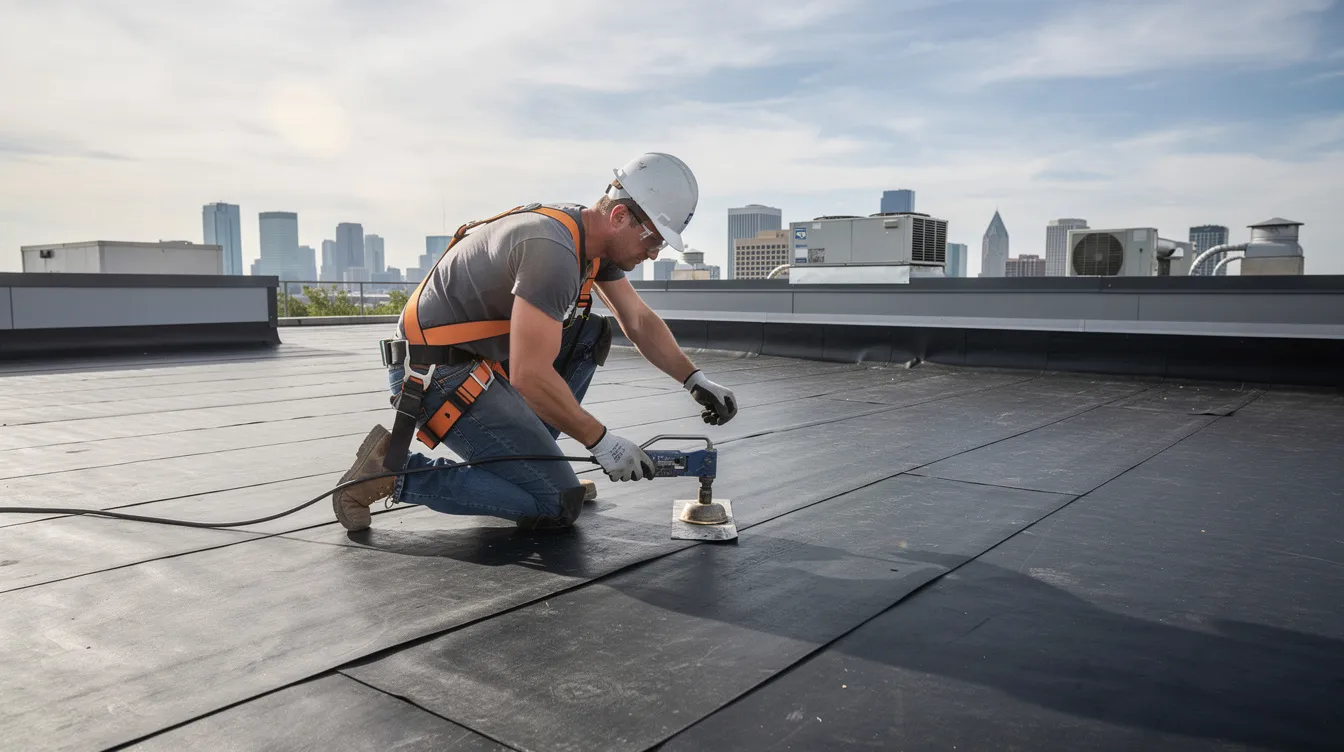 A professional roofer is installing a new rubber roofing system on a flat roof, carefully laying down large sheets of EPDM rubber to ensure good adhesion and create a waterproof barrier. The installation process highlights the durability and low maintenance requirements of EPDM membranes, making them suitable for both residential and commercial buildings.
