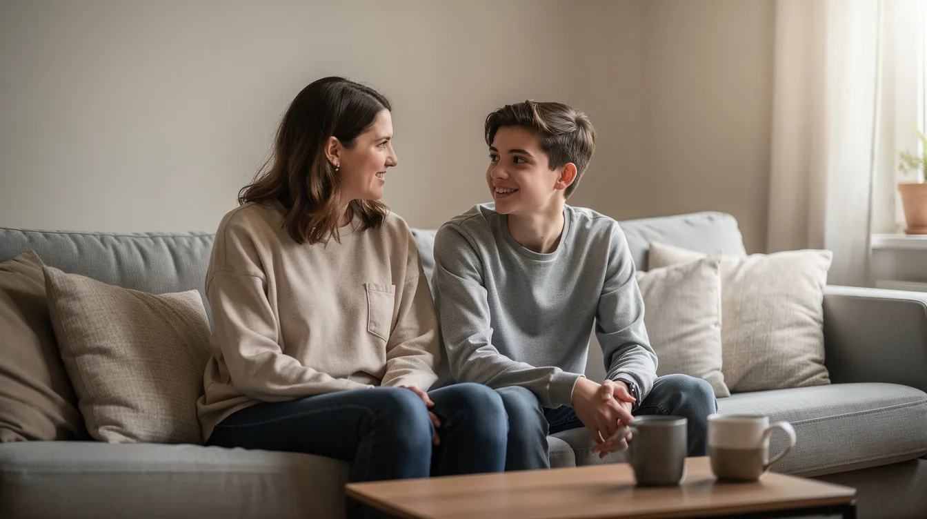 A parent and teenager are sitting together on a couch, engaged in a calm conversation that emphasizes the importance of resisting negative peer pressure and making positive choices in their everyday life. This moment reflects the supportive influence parents can have on their children's decision-making during adolescence.