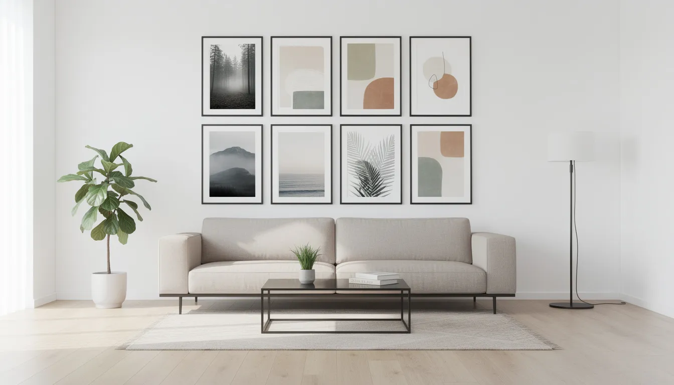 Una sala de estar minimalista presenta una pared tipo galería elegante adornada con hermosas impresiones artísticas, incluyendo fotografía de naturaleza y arte abstracto, creando un espacio sereno e inspirador. La decoración refleja principios del diseño escandinavo, enfatizando la simplicidad y el estilo personal mediante obras cuidadosamente seleccionadas.