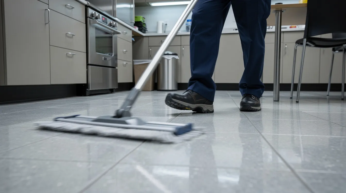 A janitor is seen dust mopping the floor of an office kitchen, focusing on maintaining a sanitary environment. This professional cleaning service ensures that commercial spaces remain spotless and inviting for employees.