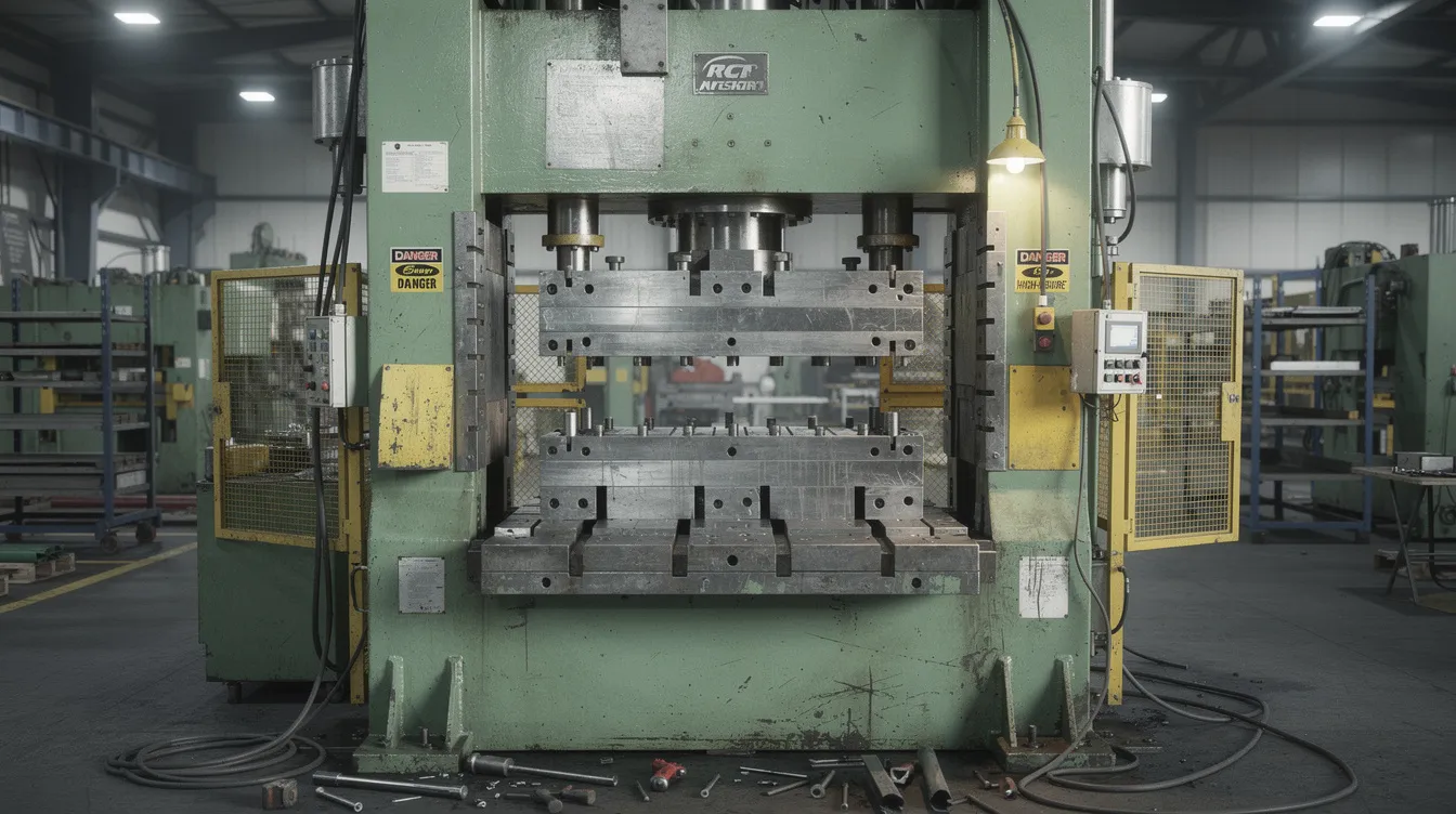 The image shows a large industrial stamping press with a die set visible inside the press bed, showcasing the precision and technology used in the metal stamping industry for automotive assembly. This equipment is essential for producing critical components with extreme accuracy and efficiency, meeting the strict industry standards required for car manufacturing.