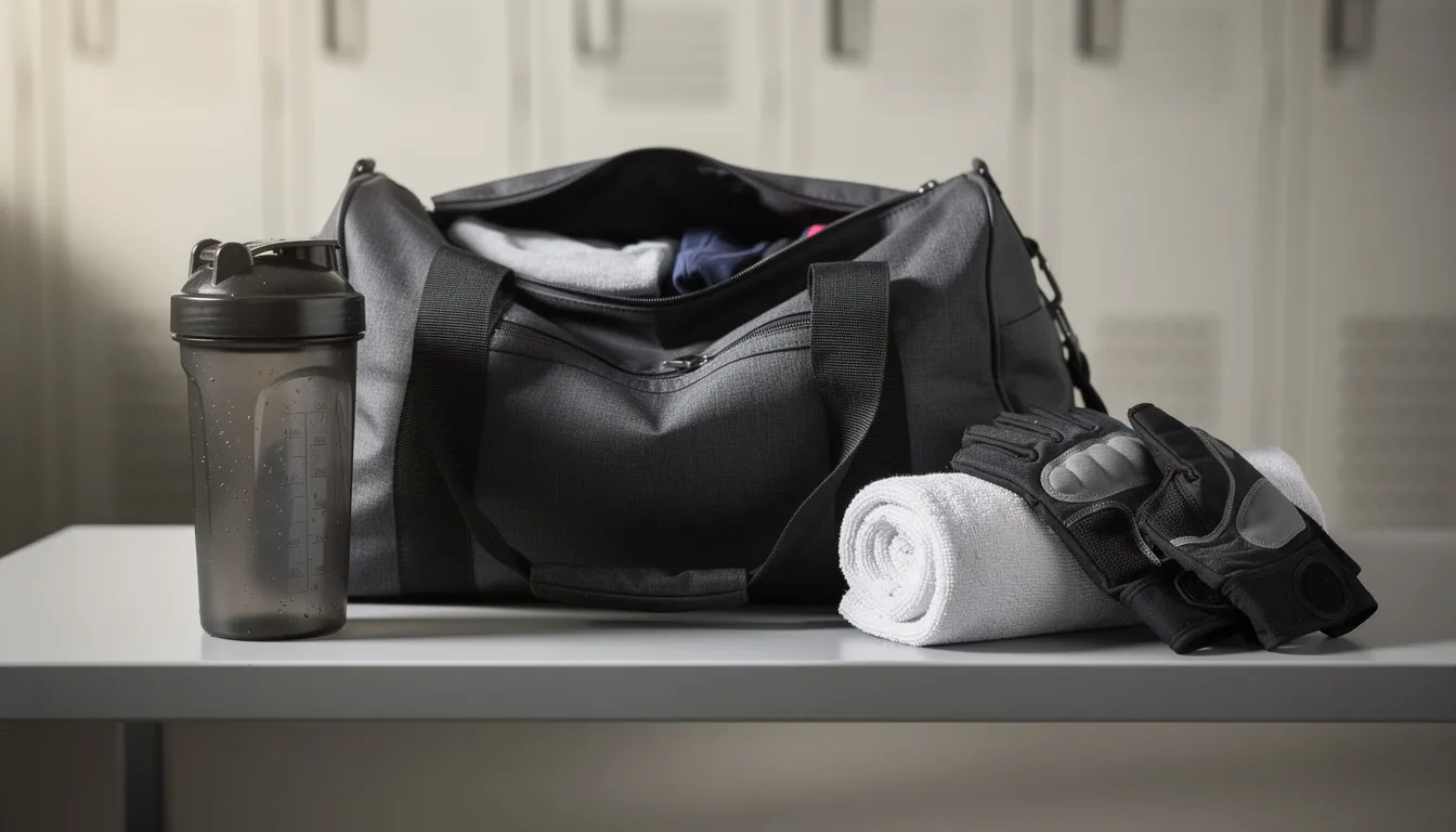 The image shows a gym bag packed with a shaker bottle, a towel, and workout gloves, all set for an intense exercise session. This setup is ideal for those looking to enhance muscle growth and support muscle recovery through protein intake and creatine supplementation.