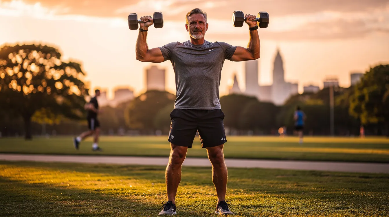 An active middle-aged man is exercising outdoors at sunset, lifting dumbbells to enhance his muscle strength and overall health. This scene reflects a commitment to maintaining healthy testosterone levels and vitality through physical activity, which can be complemented by dietary supplements like ashwagandha root extract for improved energy and stress reduction.