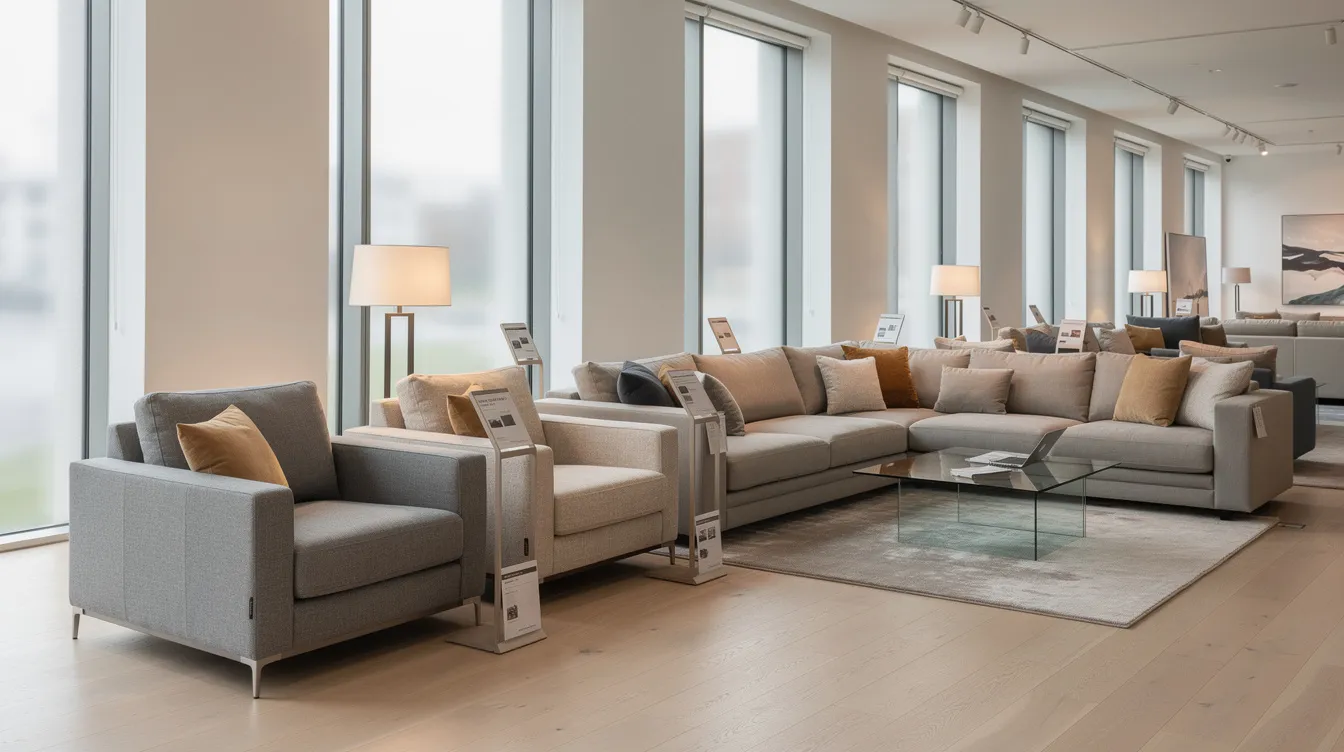 I ett showroom står olika soffor i varierande storlekar uppställda bredvid varandra, vilket ger besökare möjlighet att enkelt välja rätt soffa för sitt hem. Här finns modeller som passar både stora och små rum, med fokus på komfort och design.