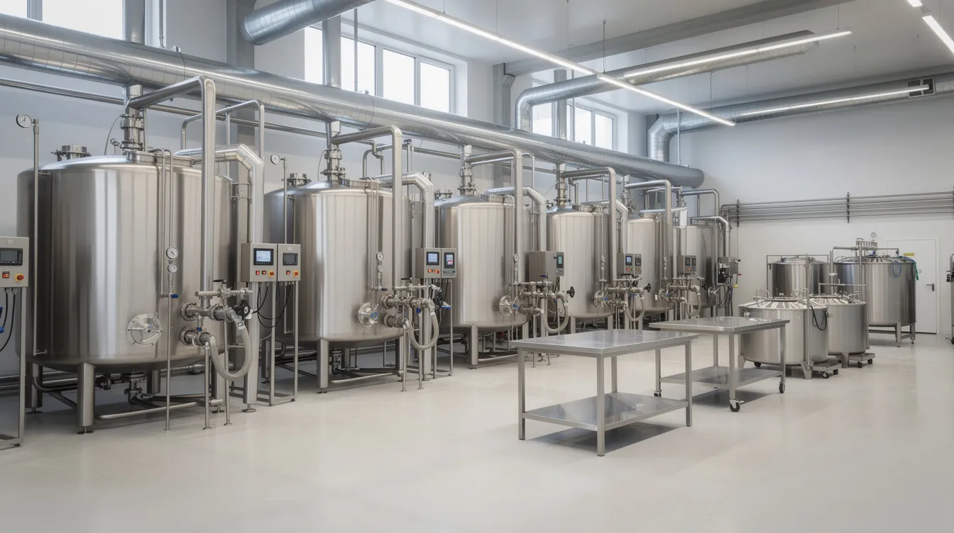 9f79fc69 f13f 4a5a 9d80 9bff4781ac77 The image depicts a modern cheese production facility featuring stainless steel vats and various equipment, highlighting the operational efficiency required for managing raw materials and finished goods in the dairy business. This advanced setup reflects the importance of effective working capital management to maintain cash flow and meet short-term obligations.