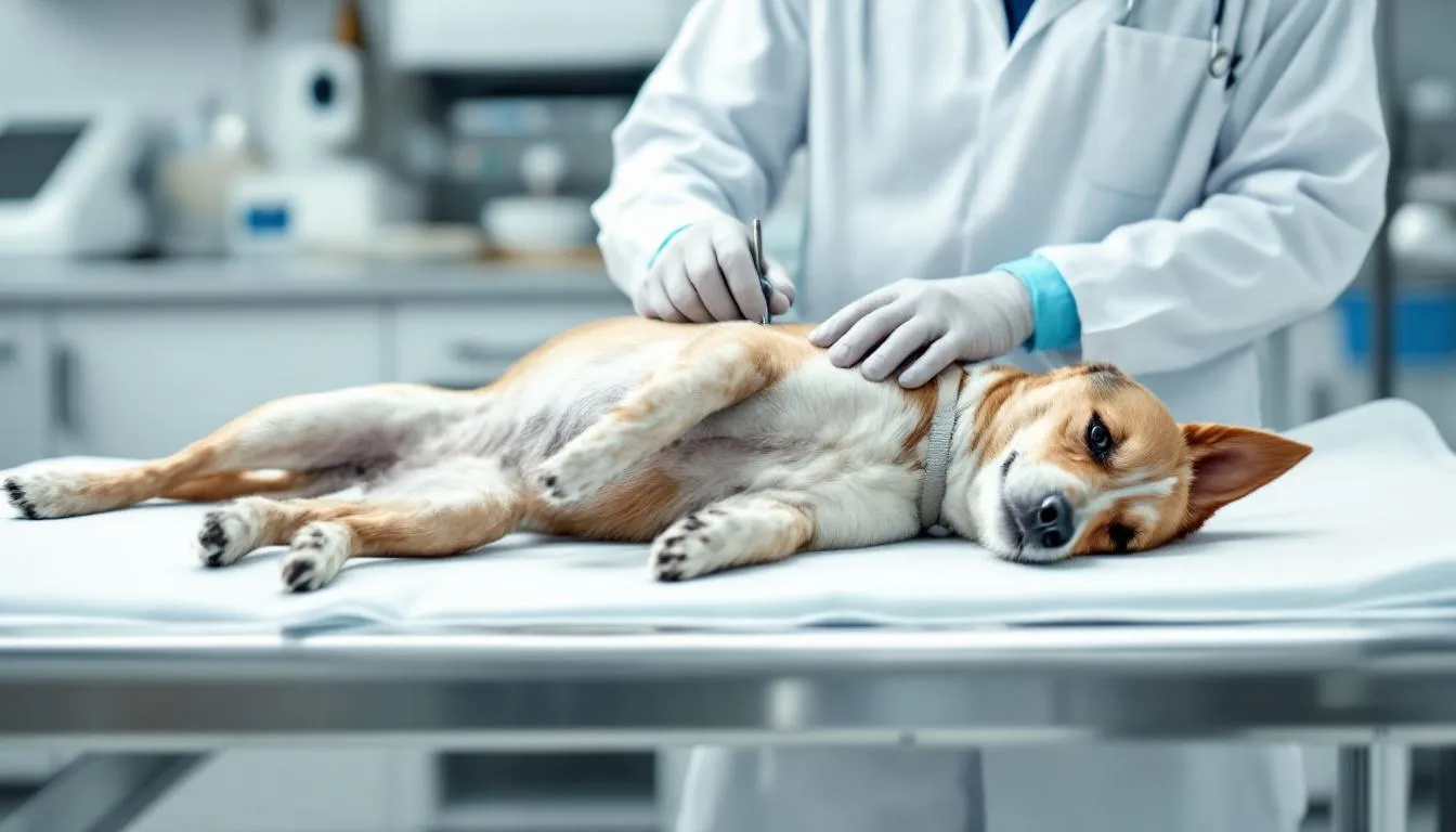 A veterinarian is examining a small dog on an examination table, ensuring the furry friend