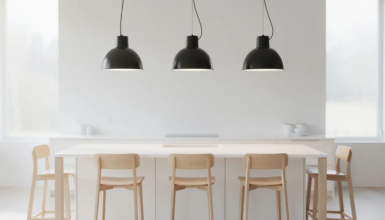 Tre svarta metalltaklampor hänger i rad över en vit köksö, som är omgiven av träbarstolar. Den moderna belysningen skapar en stilren atmosfär i köket och ger en snygg design till rummet.