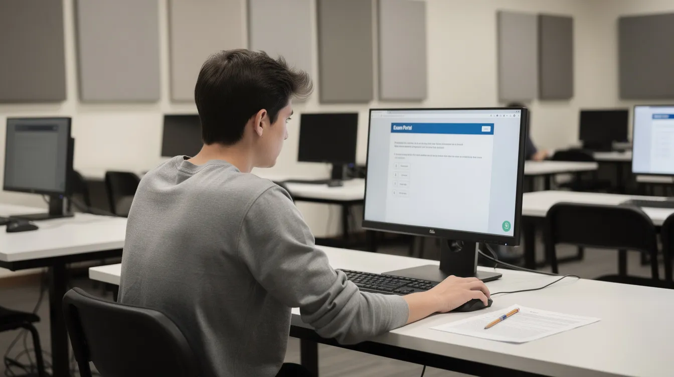 A student is seated at a computer in a quiet testing center, focused on completing an assessment test related to high school biology. The environment is calm, allowing for concentration as the student prepares to demonstrate their basic knowledge in subjects like anatomy and physiology.
