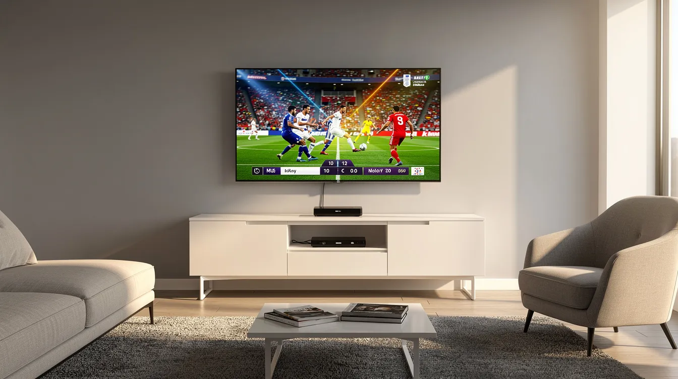 The image shows a modern living room featuring a large flat-screen smart TV displaying a vibrant sports broadcast, with a streaming device placed on the shelf below, ideal for accessing live TV channels and popular streaming services like Netflix and Hulu. This setup exemplifies the convenience of IPTV services for enjoying live sports and favorite shows in high definition.