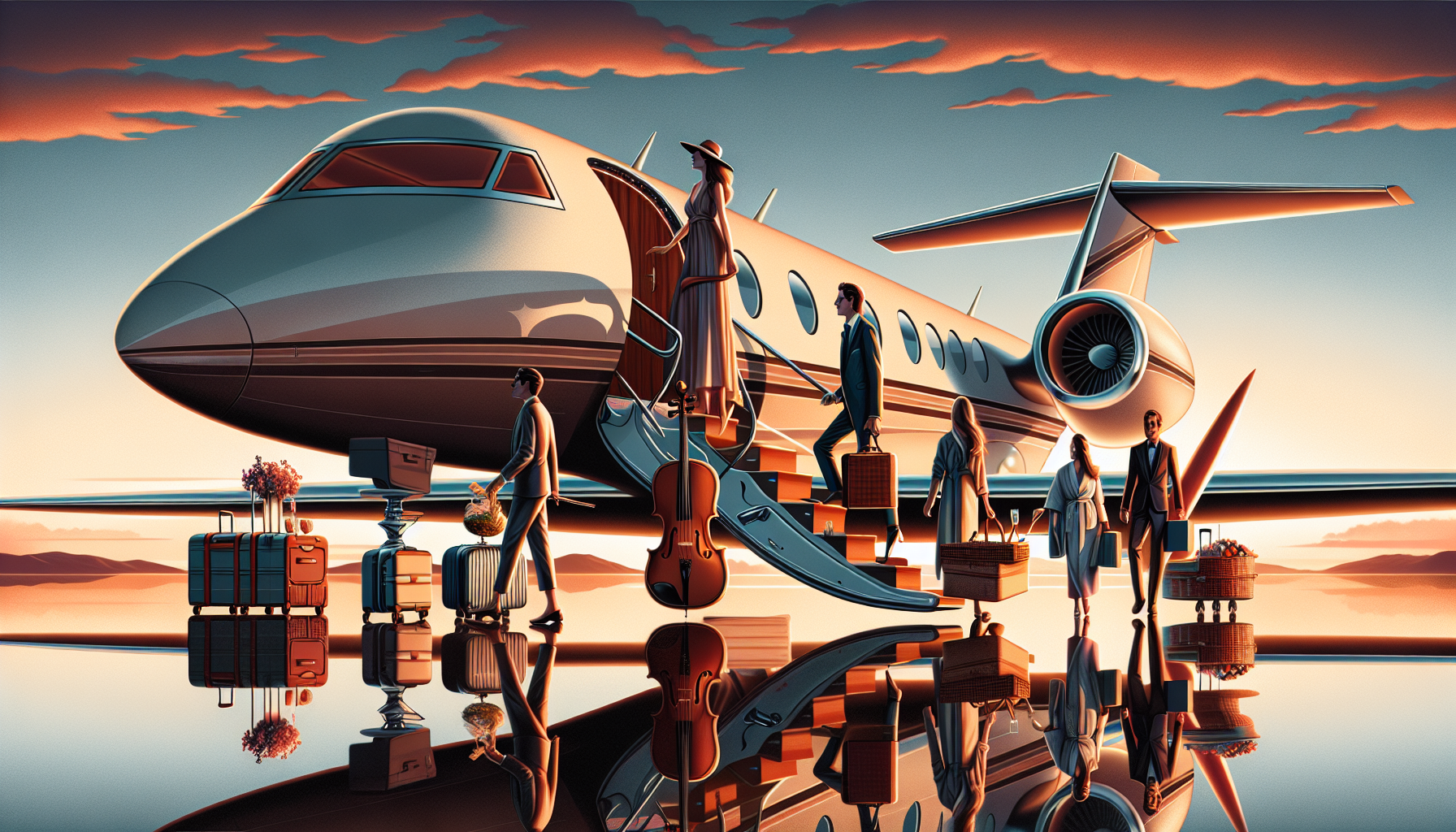 Illustration of a group boarding a private jet