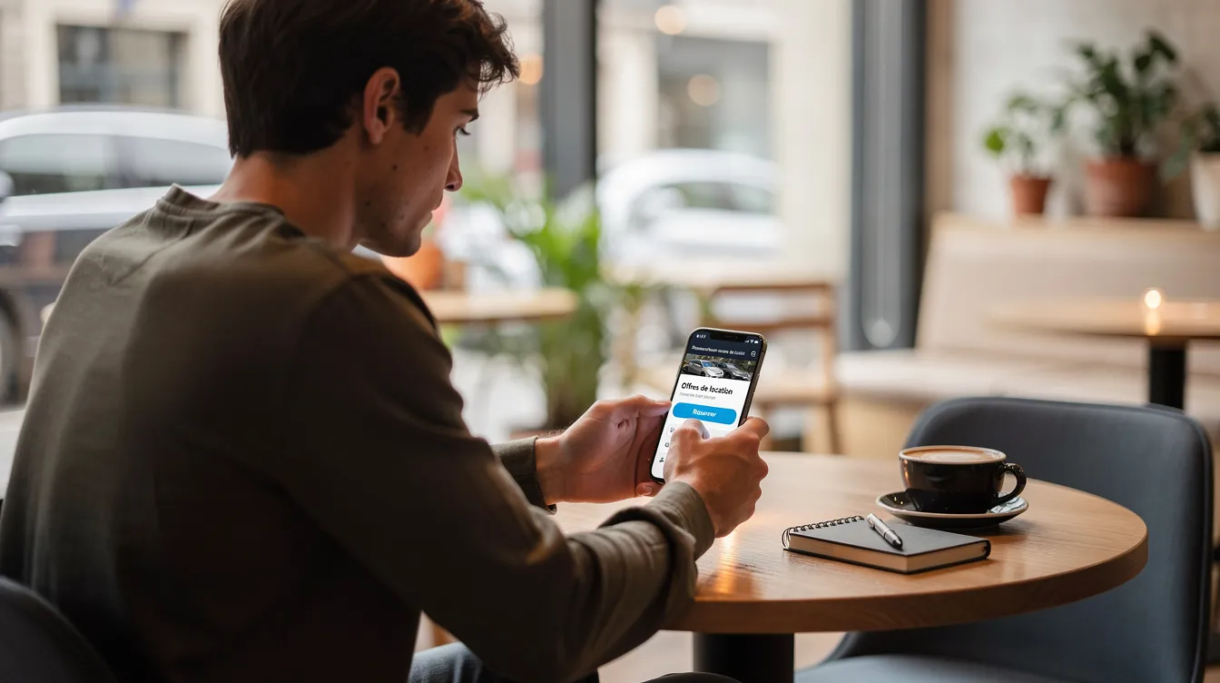 Una persona consulta lo smartphone in un bar luminoso per cercare un'auto a noleggio.