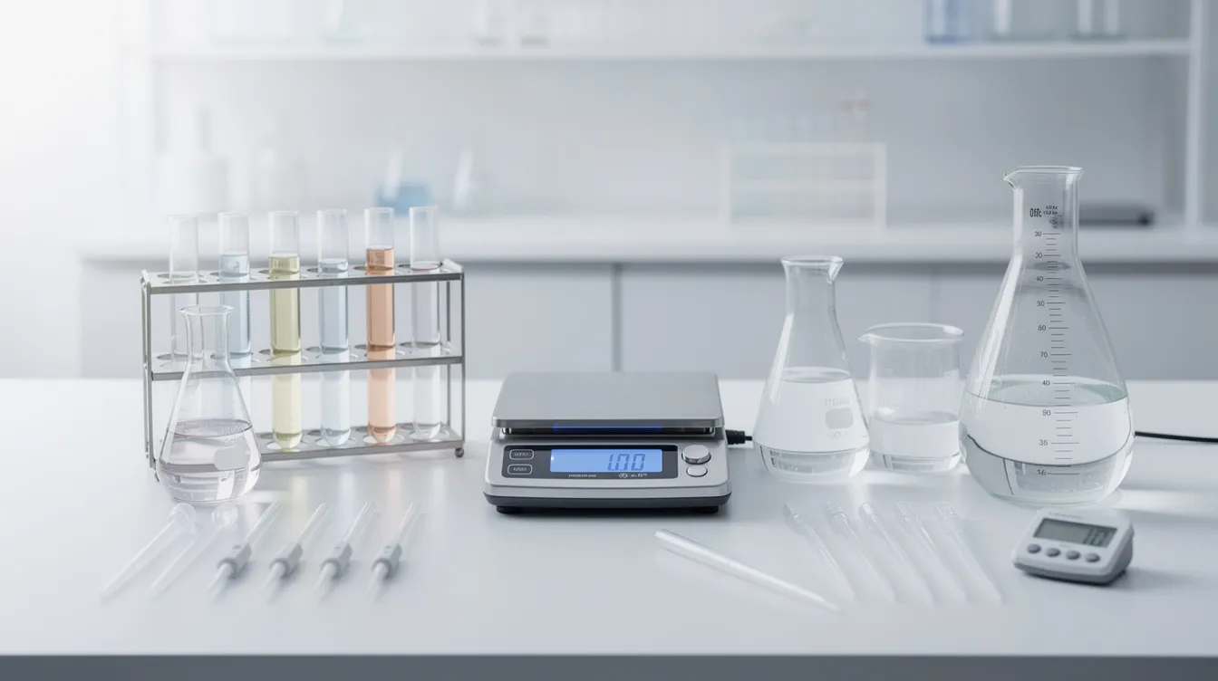 The image depicts a clean white table filled with various laboratory equipment, including test tubes and measuring instruments, used for scientific experiments. This setting reflects a professional environment where research on hemp derived products and cannabis plants may take place, highlighting the importance of safety and regulation in the study of substances like delta 8 and delta 9 THC.