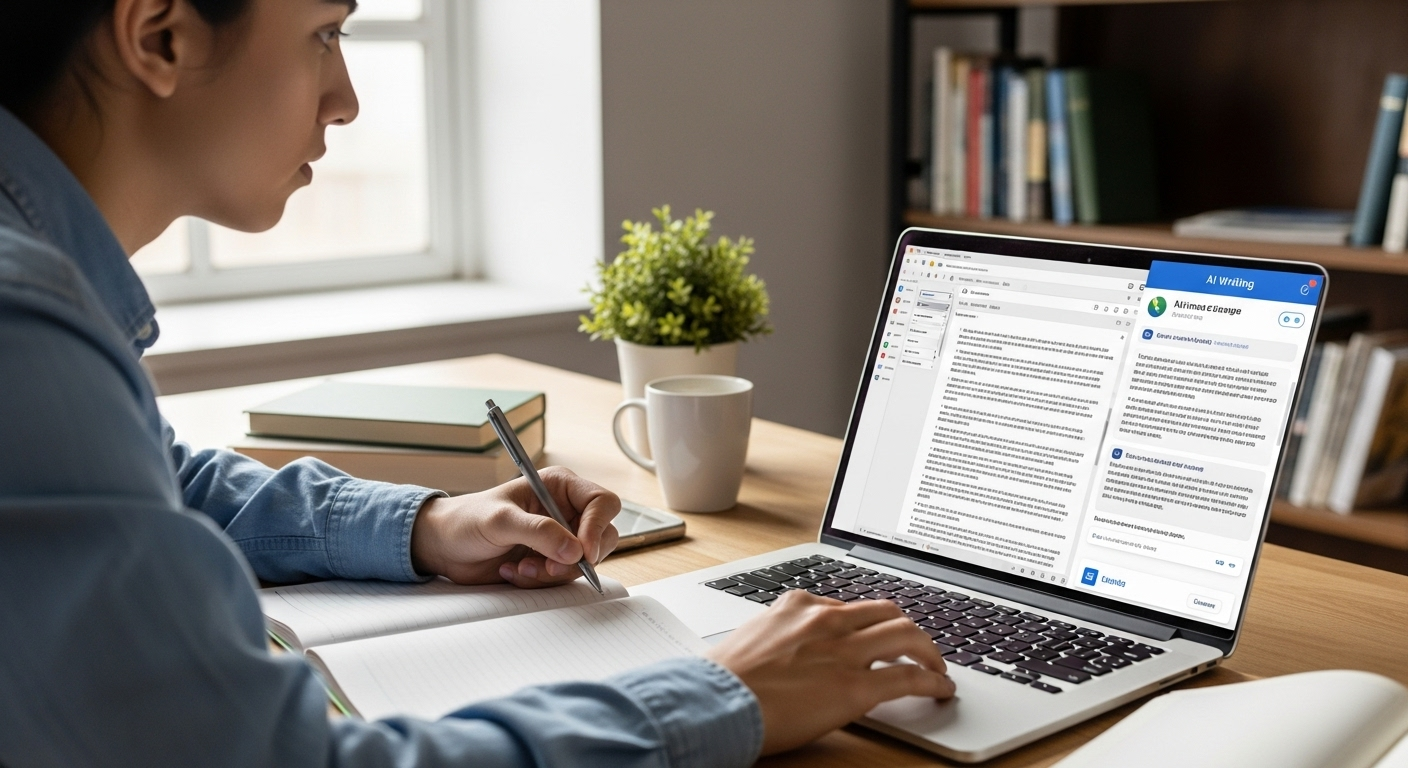 Student thoughtfully using AI as a writing assistant while actively drafting their own essay.