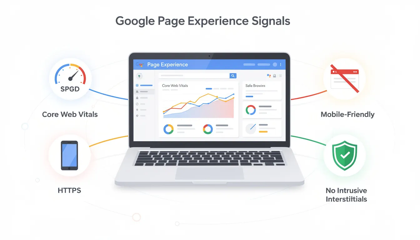 The image illustrates the key components of Google's Page Experience update, highlighting essential signals such as Core Web Vitals, mobile-friendliness, and HTTPS usage. These elements collectively help site owners enhance user experience by optimizing web page performance and usability, which are crucial for improving rankings in Google search results.