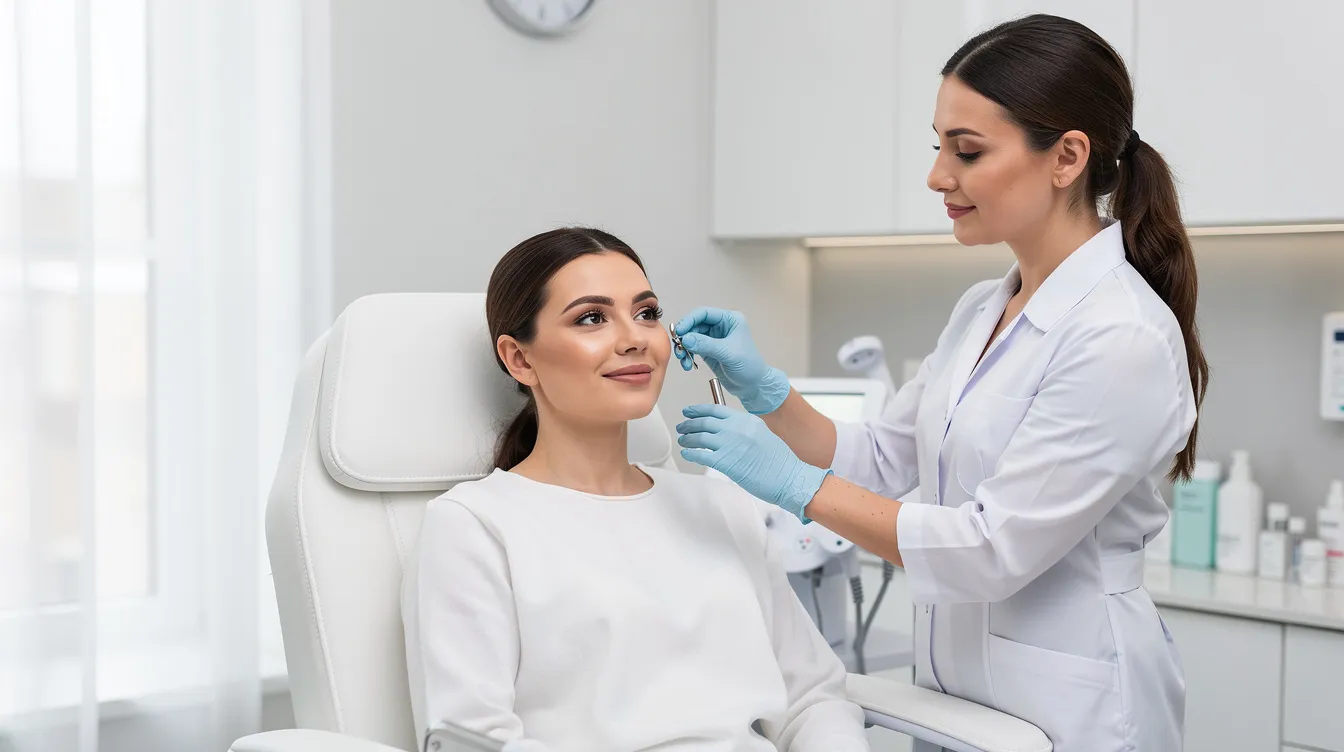 A person is seated in a bright clinic room, engaged in a calm facial aesthetic consultation with a professional. The discussion focuses on various treatment options, including non-surgical facelift treatments and minimally invasive techniques to address skin concerns like sagging skin and fine lines, aiming for a more youthful appearance.