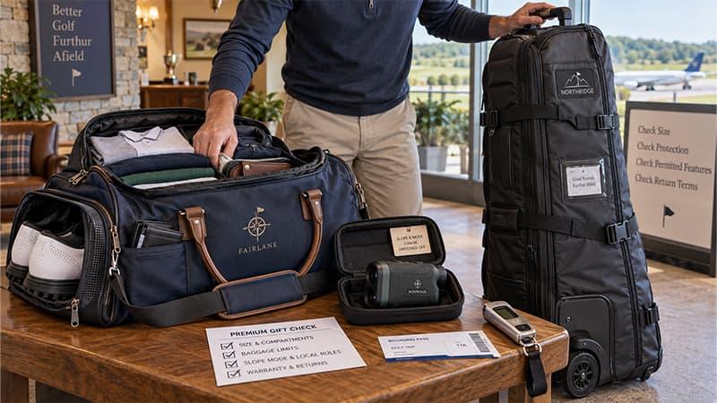 Golfer checking a premium duffel, padded golf travel cover, and laser rangefinder before an airline golf trip