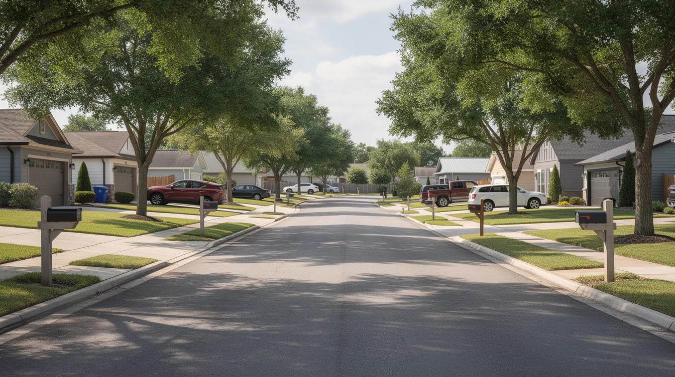 The image depicts a peaceful suburban residential street lined with trees, featuring well-maintained sidewalks and driveways that are suitable for vehicle pickup, ideal for auto transport services. This setting highlights the convenience of door-to-door delivery options for car shipping in Indiana.