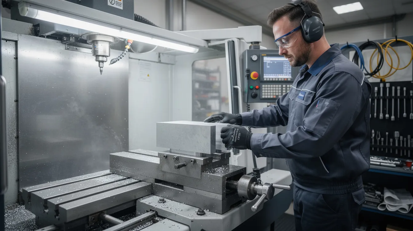 A CNC operator is carefully loading a workpiece into a milling machine vise in a clean shop environment, showcasing the precision required in the CNC machining process. The scene highlights the use of CNC technology and machine tools essential for modern manufacturing.