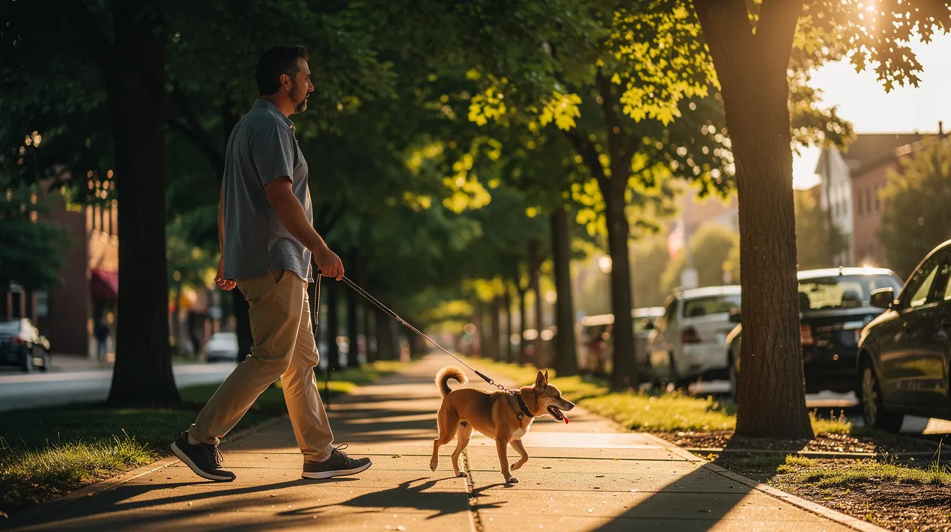 A man and his little dog stroll together on a shaded sidewalk lined with trees, enjoying a hot summer day. This moment captures the bond between a human being and their family dog, highlighting the affection and joy pets bring to our lives.
