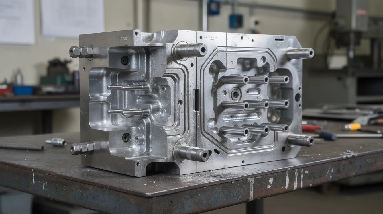 The image shows a steel die casting mold resting on a workbench, featuring visible cooling channels and ejector pins, which are essential components in the die casting process for creating high-precision aluminum casting parts. This setup highlights the intricate design necessary for effective heat management and production efficiency in the aluminum die casting industry.