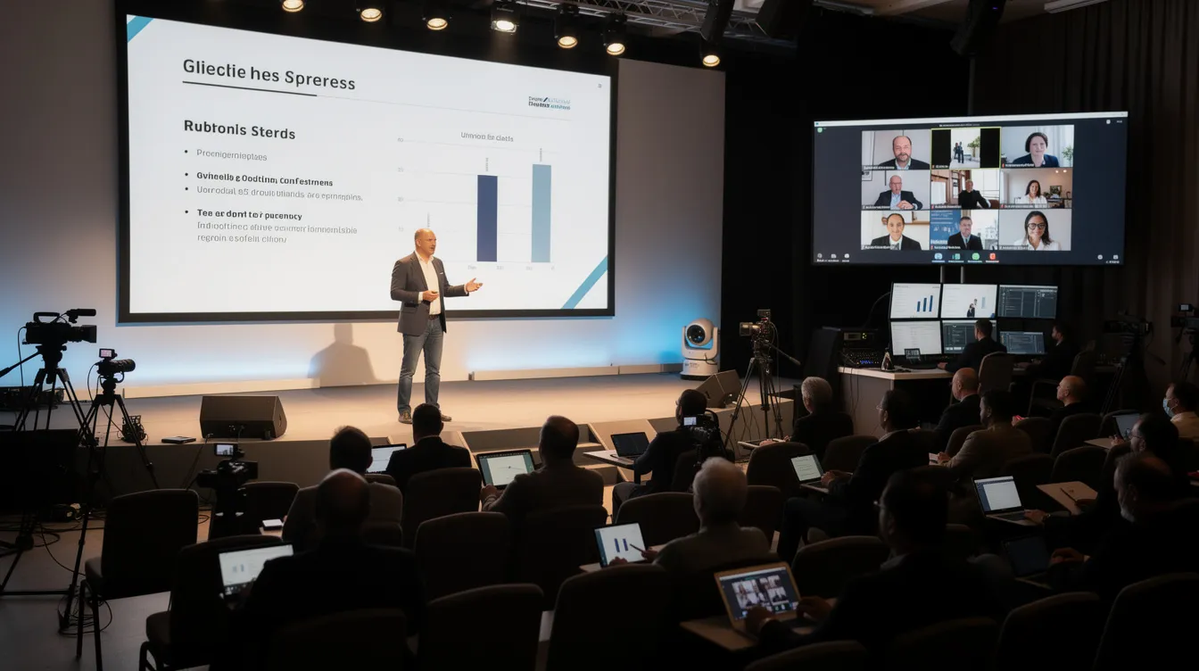 The image depicts a hybrid event setup featuring a keynote speaker on stage, delivering a live presentation while their slides are displayed on a large screen for remote attendees. This setup illustrates the integration of in-person and virtual participation, catering to both audiences effectively.