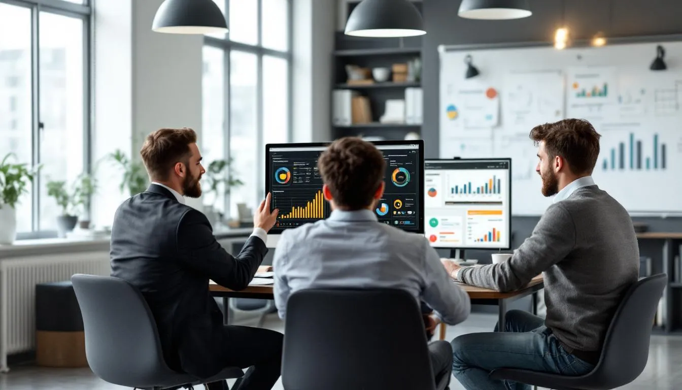 A group of legal professionals is intently analyzing client demographics and marketing data displayed on digital screens, focusing on strategies to enhance their law firm's marketing efforts. The scene highlights the importance of understanding target audiences and refining law firm marketing strategies for better client acquisition and engagement.