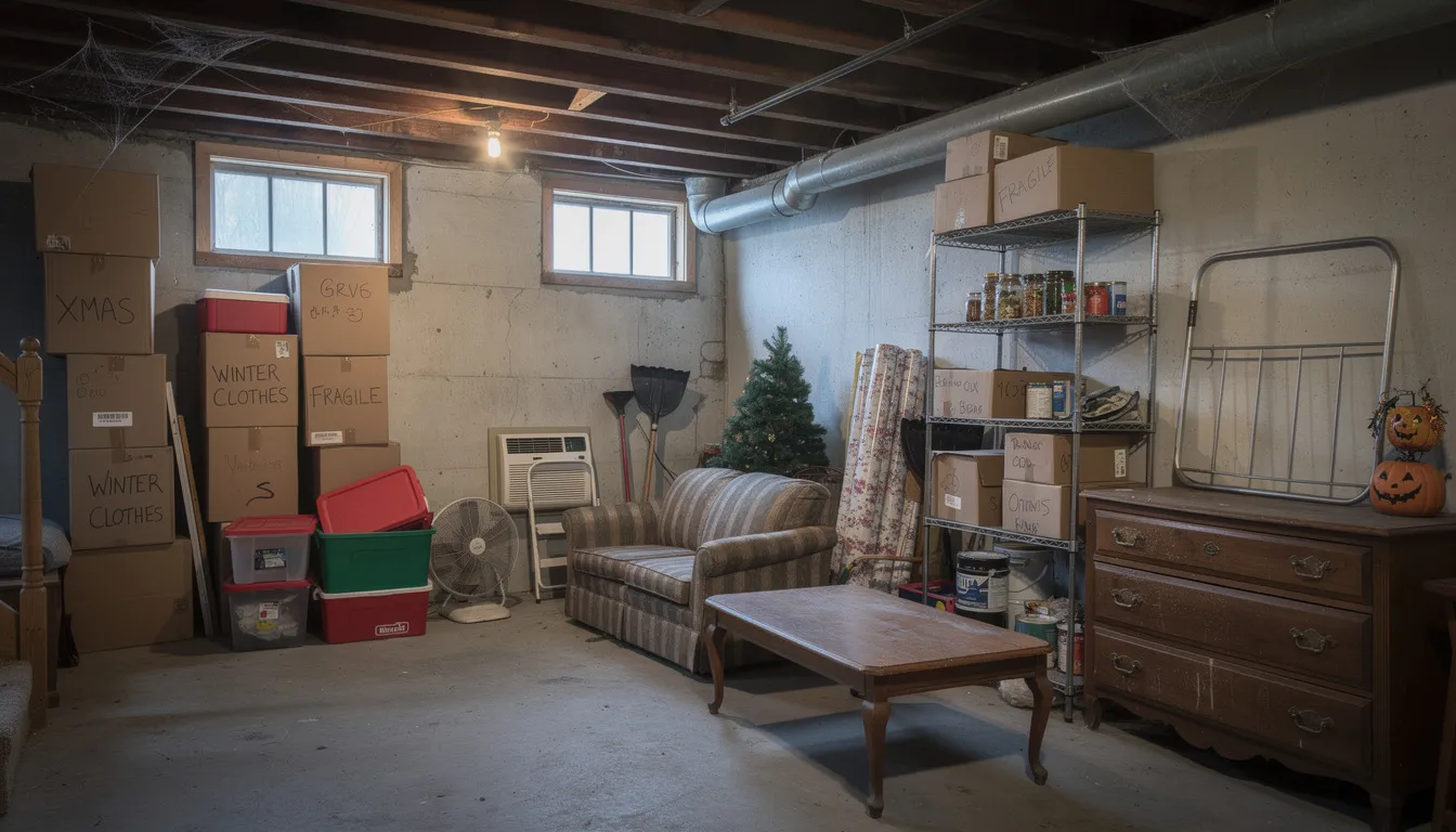 The image depicts a cluttered basement filled with boxes, old furniture, and seasonal items commonly found in Hartford homes, showcasing the need for professional basement cleanout services to reclaim space and create a cleaner environment. This scene highlights the hassle of dealing with unwanted items and the importance of junk removal for homeowners.