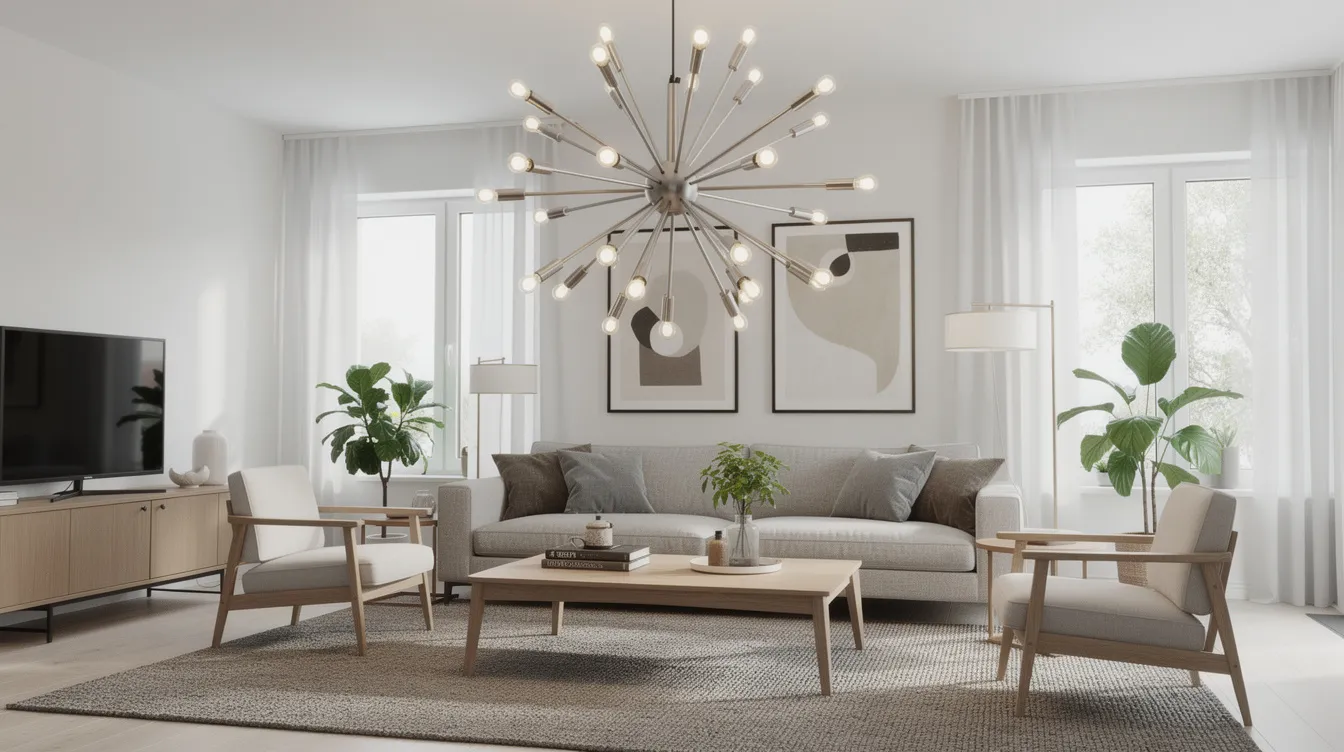 Ett modernt vardagsrum med en stor sputnik-lampa som hänger centralt ovanför ett soffbord. Lampan, som har flera ljuskällor, ger ett stilrent och elegant intryck i rummet.