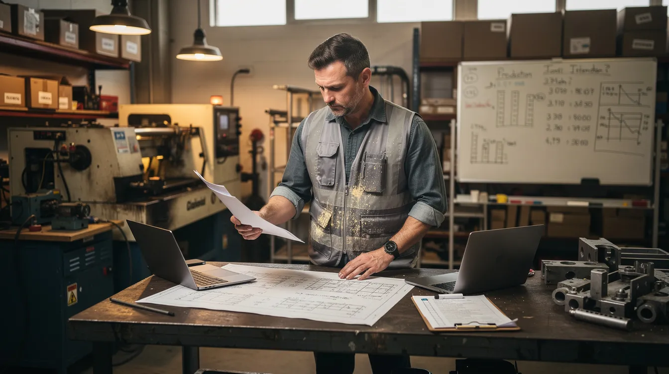 9f889507 c40c 4ed4 ae5a b998b6ee94b5 The image depicts an entrepreneur in a small manufacturing workshop, intently reviewing documents with a thoughtful expression, reflecting on the next phase of their business. This scene highlights the importance of financial planning and documentation for securing business loans under the Mudra scheme to support micro enterprises.