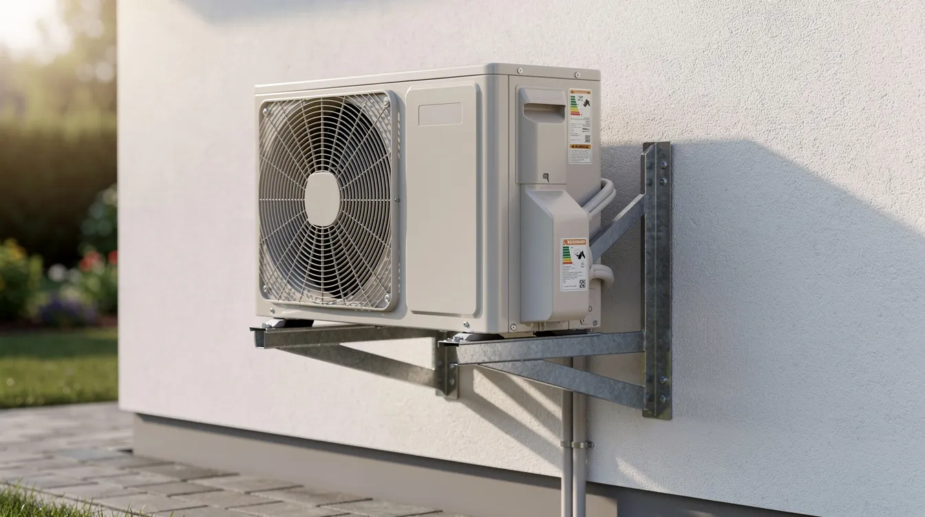 The image shows an outdoor condenser unit securely mounted on a wall bracket, part of an air conditioning installation service. This unit is essential for cooling systems, connecting to indoor units to provide efficient air conditioning for residential or commercial spaces.