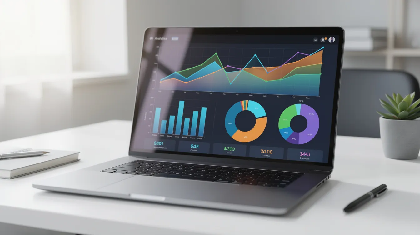 The image features a laptop screen showcasing vibrant dashboard charts and graphs, symbolizing a business growth strategy. The clean desk setting suggests a focus on operational efficiency and strategic planning for market expansion and customer engagement.