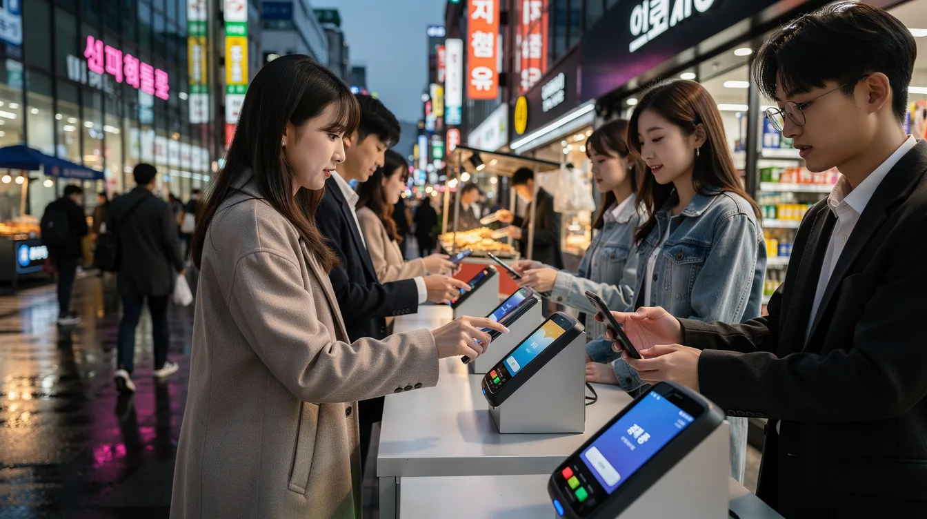 The image depicts a bustling shopping district in Seoul, South Korea, where numerous people are engaged with their mobile devices, using various mobile payment services like Samsung Pay and Kakao Pay at payment terminals. This scene illustrates the popularity of digital wallets and mobile payments in facilitating both online and offline purchases in the vibrant market environment.